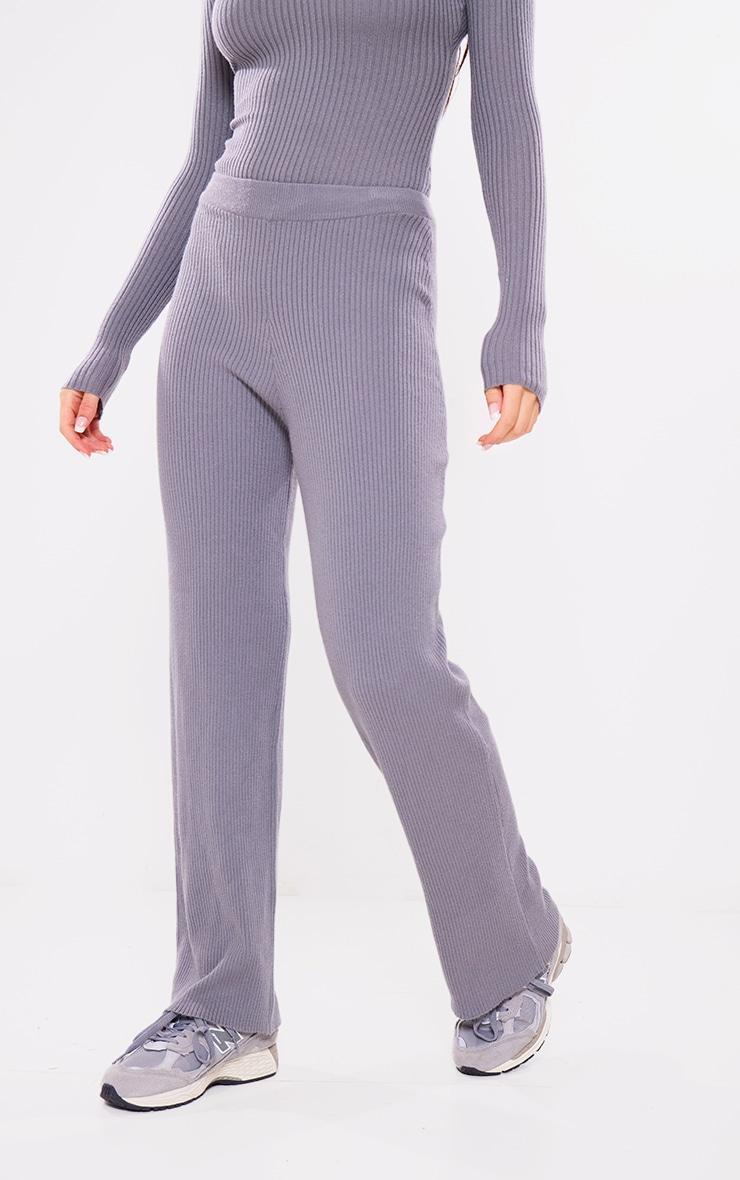 Charcoal Knitted Ribbed Wide Leg Pants Product Image