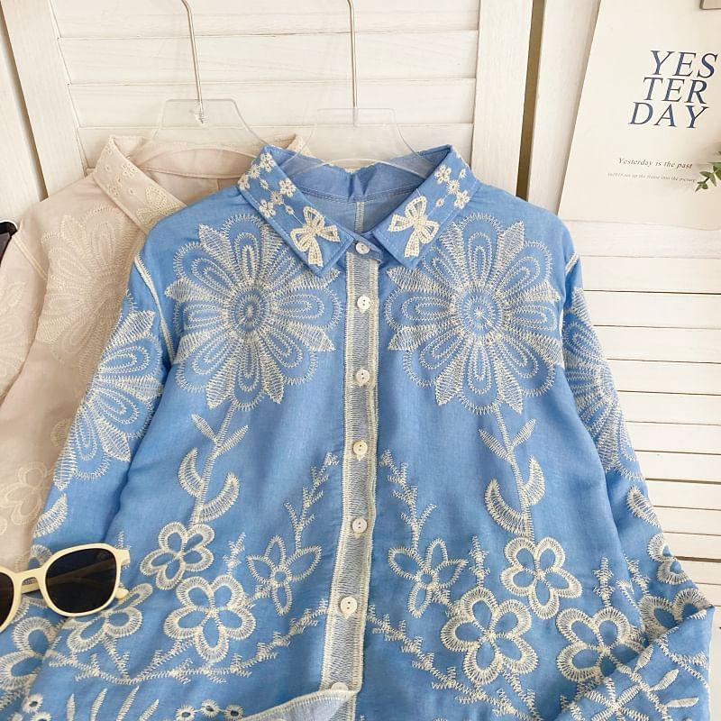 Long-Sleeve Collared Floral Embroidered Eyelet Button-Up Blouse Product Image