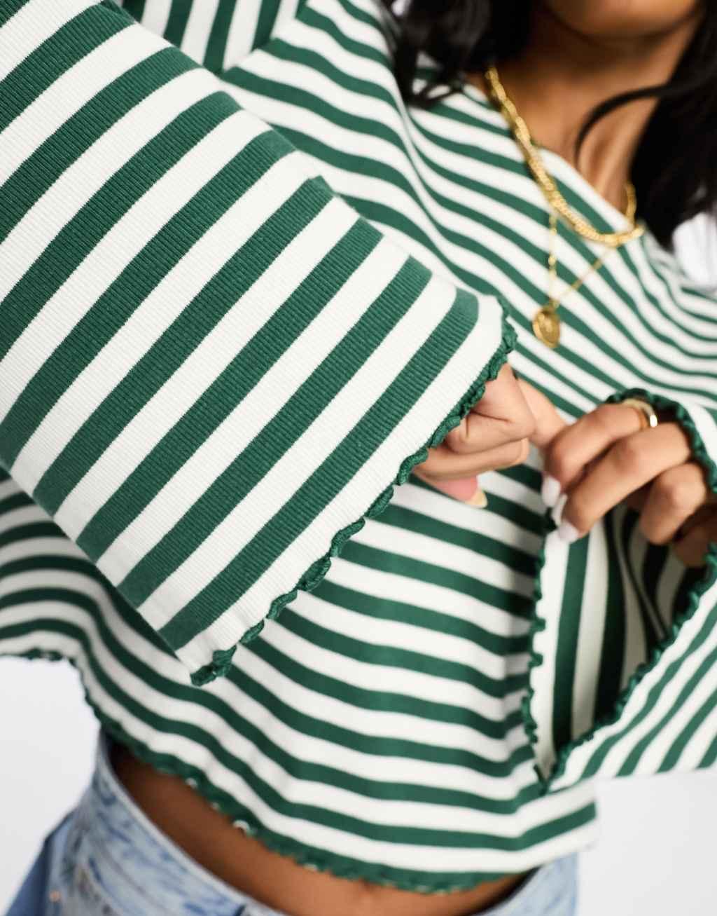 ASOS DESIGN lettuce hem long sleeve t-shirt in green stripe Product Image