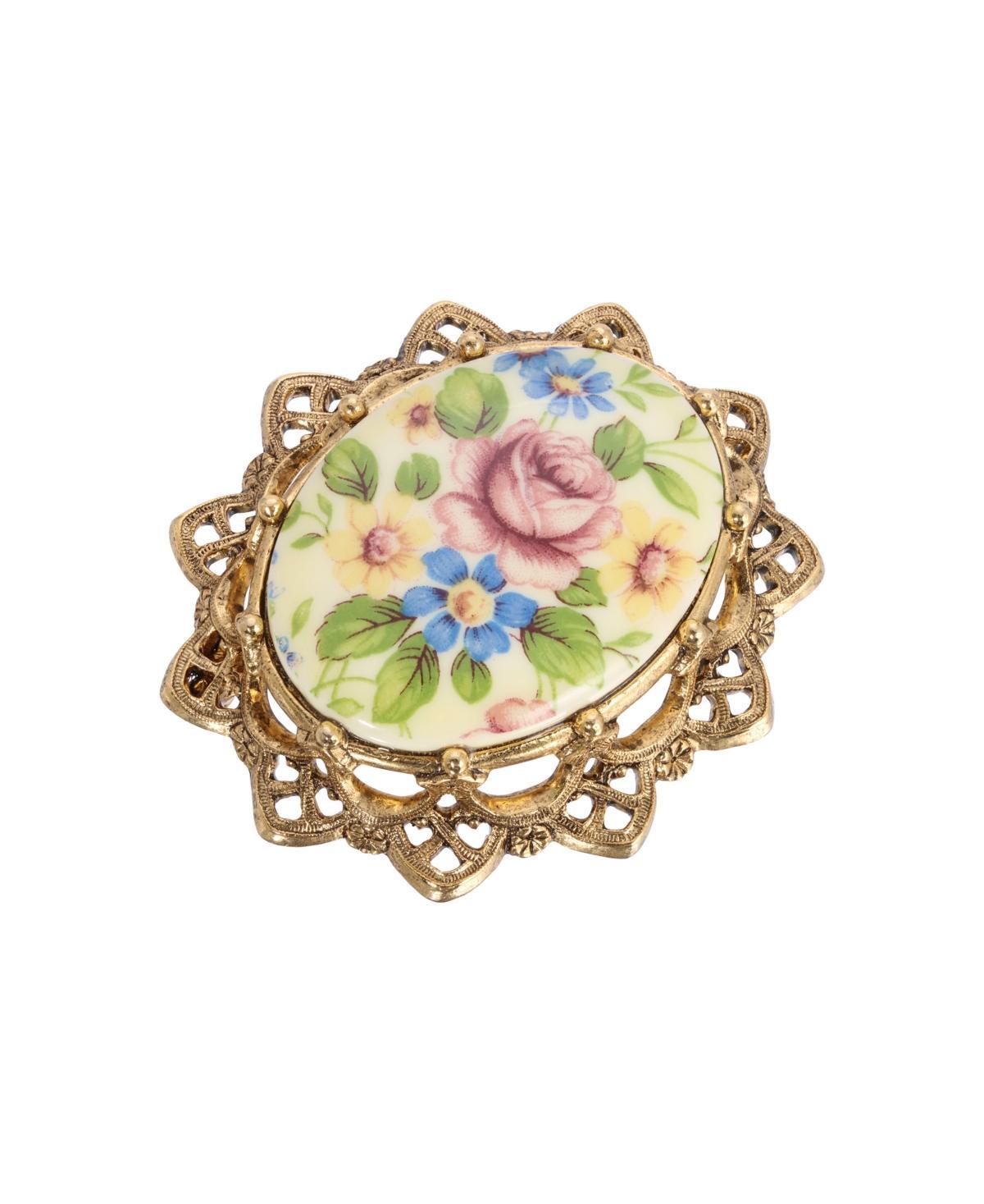 1928 Floral Decal Brooch, Womens, Gold Tone Product Image