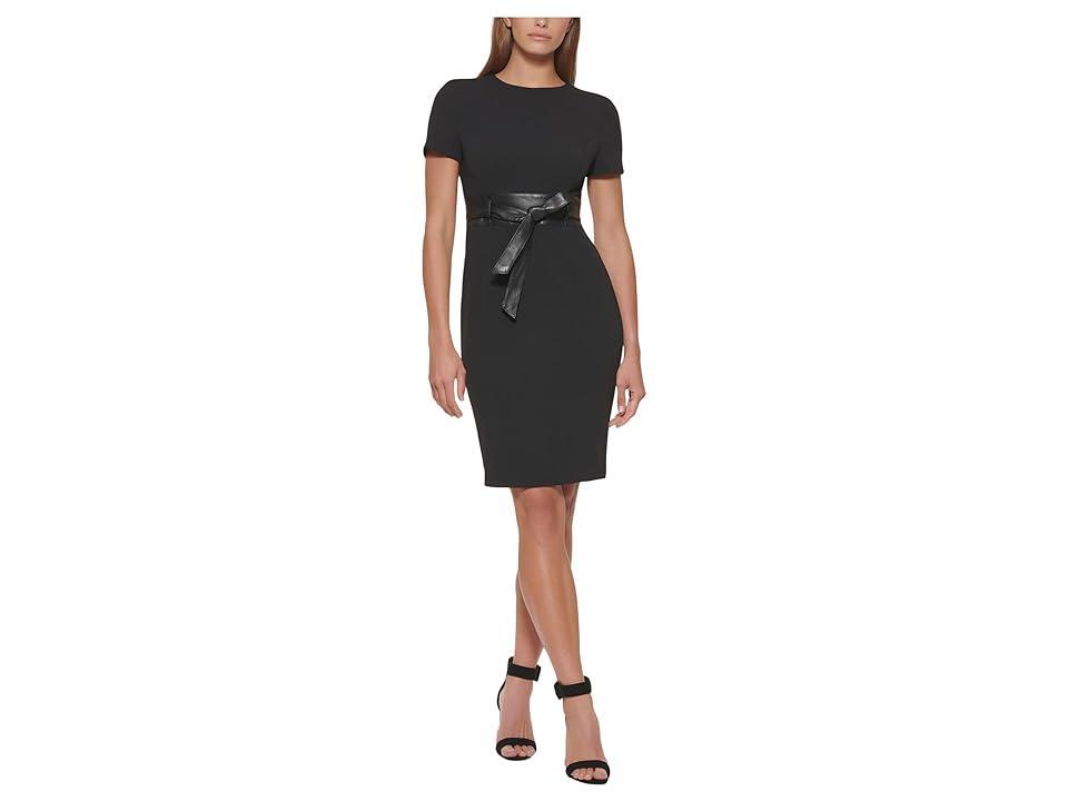 Calvin Klein Scuba Crepe Short Sheath Dress with Faux Leather Belt (Black) Women's Dress Product Image