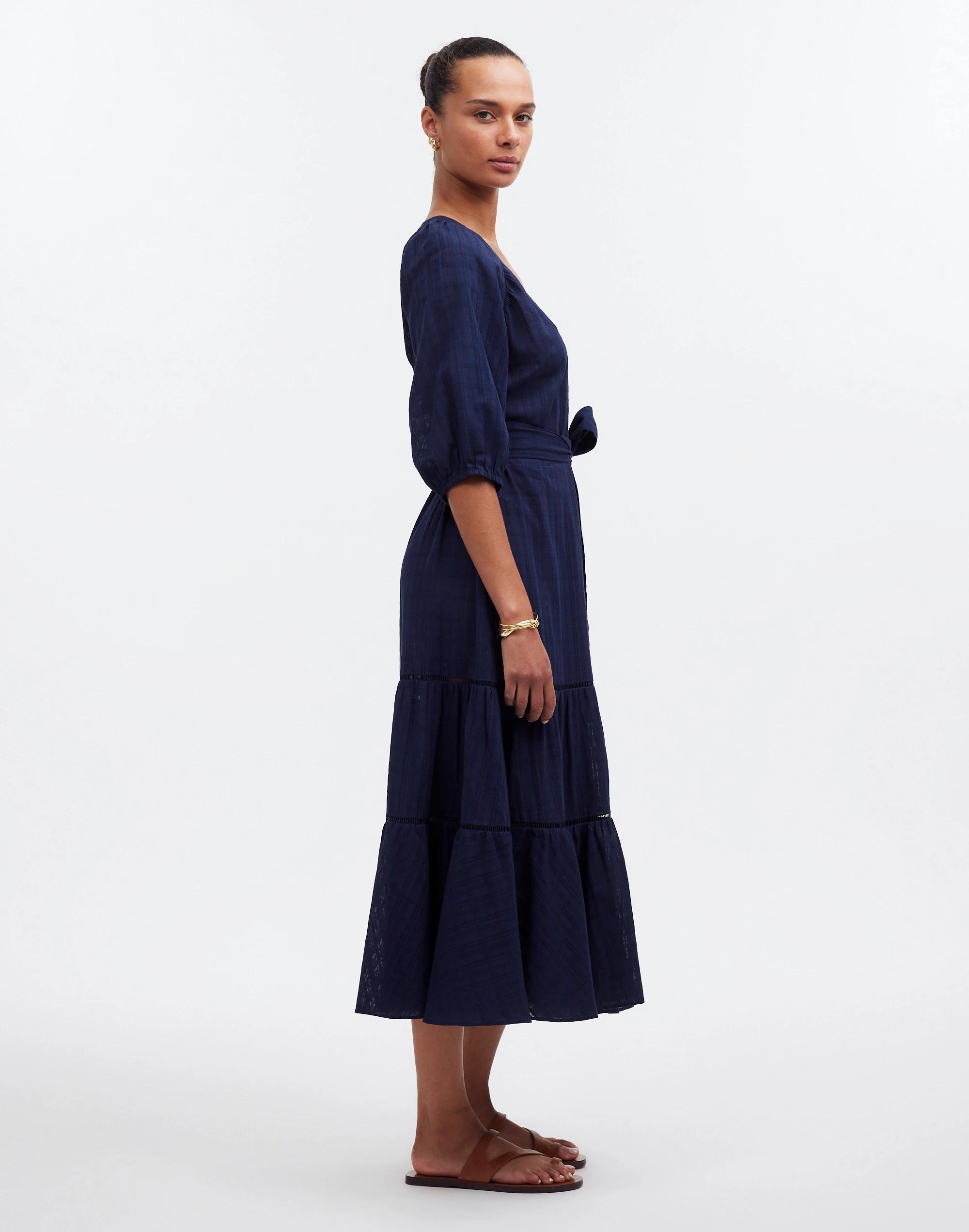 Tie-Waist Tiered Midi Dress in Windowpane Product Image