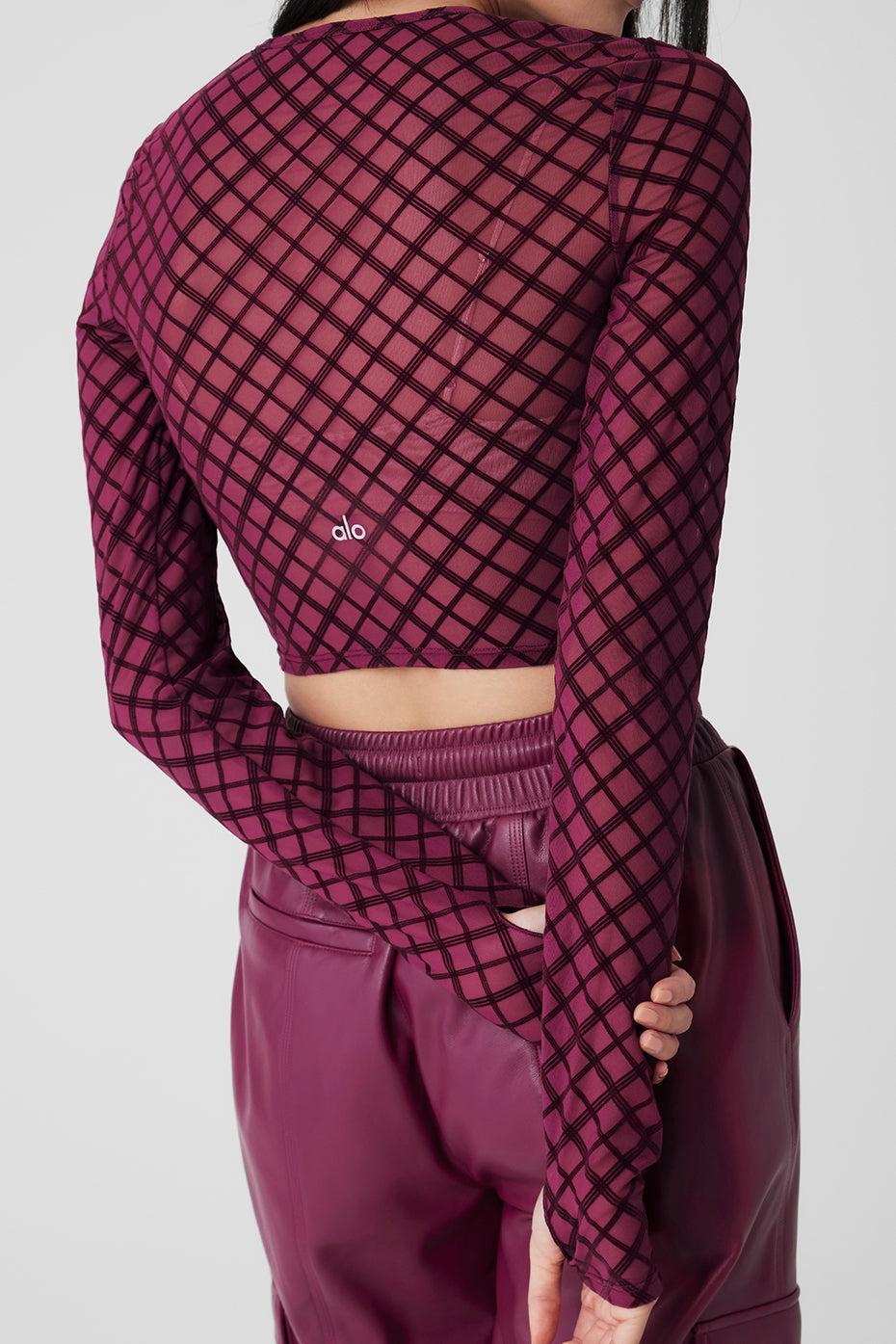 Mesh Plaid Cropped Long Sleeve Top - Wild Berry Female Product Image