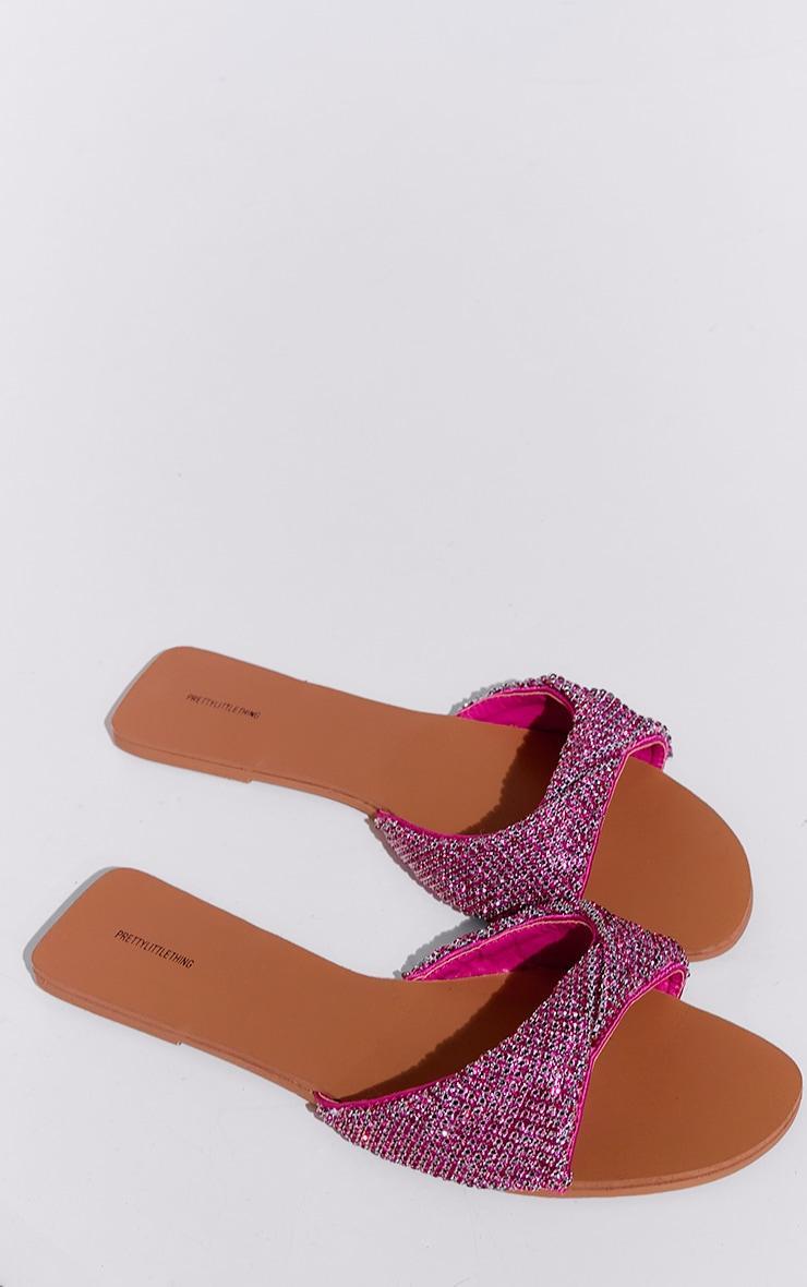 Pink Pu Round Toe Diamante Strap Flat Sandals Product Image