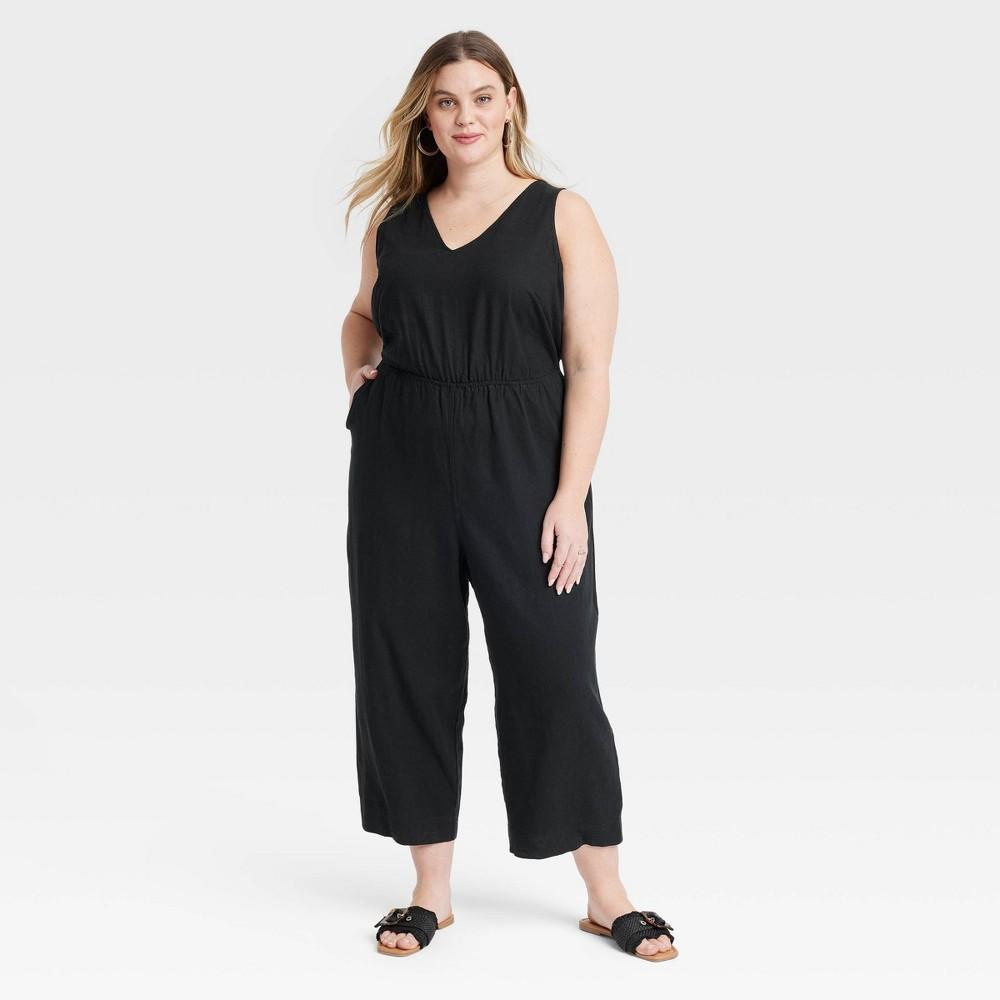 Womens Linen V-Neck Jumpsuit - Universal Thread Black 3X Product Image