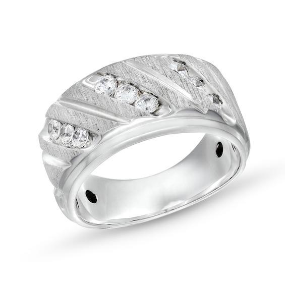 Men's 3/4 CT. T.w. Diamond Slant Multi-Row Three Stone Band in 14K White Gold Product Image