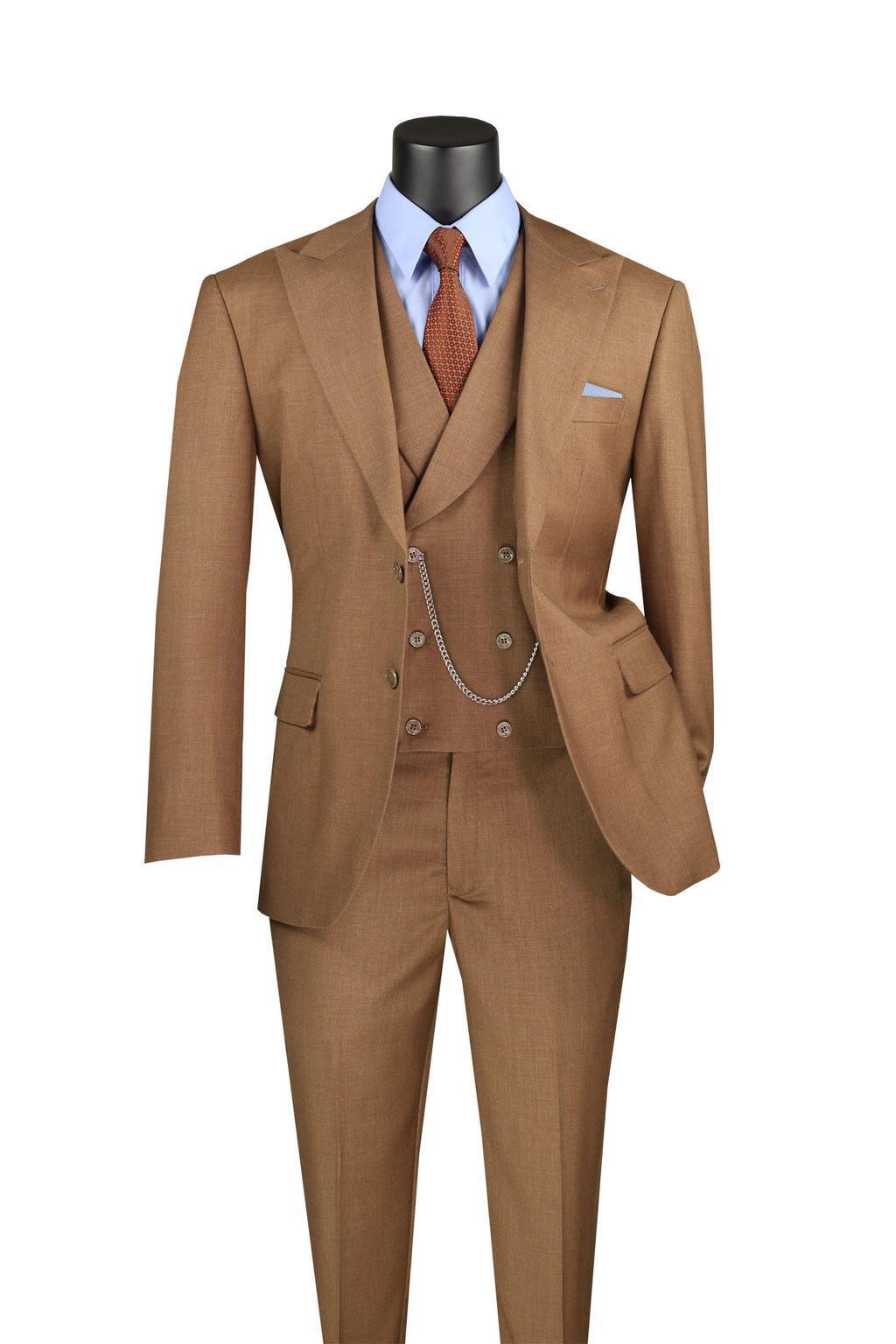 Light Brown Modern Fit 3 Piece Suit with Vest and Adjustable Waist Band Pants Product Image