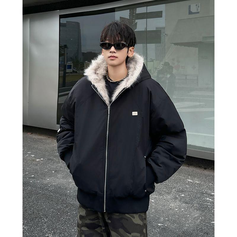 Plain Fleece-Lined Hood Zip Jacket Product Image