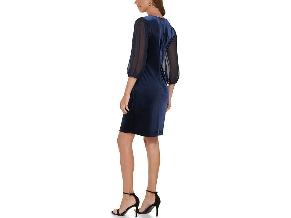 DKNY Velvet Side Ruched Dress with Chiffon Sleeve (Midnight) Women's Clothing Product Image