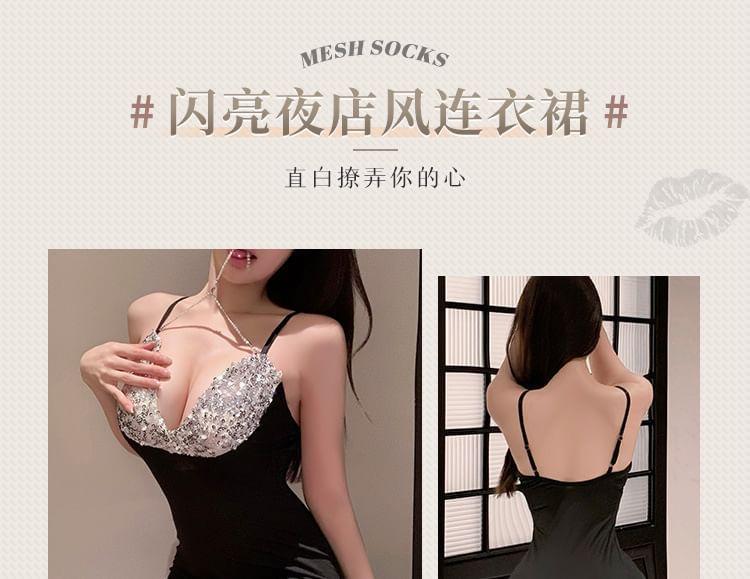 Lingerie Rhinestone Sleeveless Nightdress with Thong Product Image