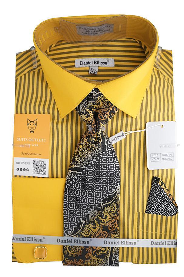 Mustard Black Bold Stripe French Cuff Dress Shirt with Tie, Cuff Links and Pocket Square Product Image