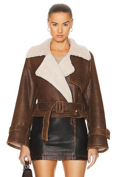 NOUR HAMMOUR Hatti Shearling Double Breasted Crop Belt Jacket in Brown Product Image