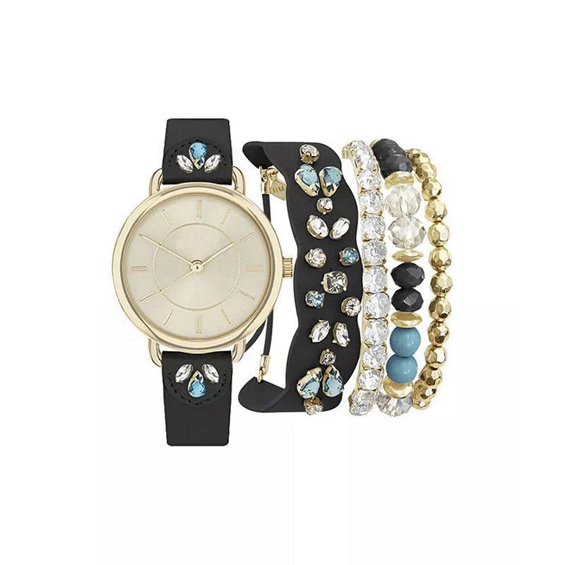 Jessica Carlyle Womens Black Jeweled Strap Watch & Matching Bracelet Set Product Image