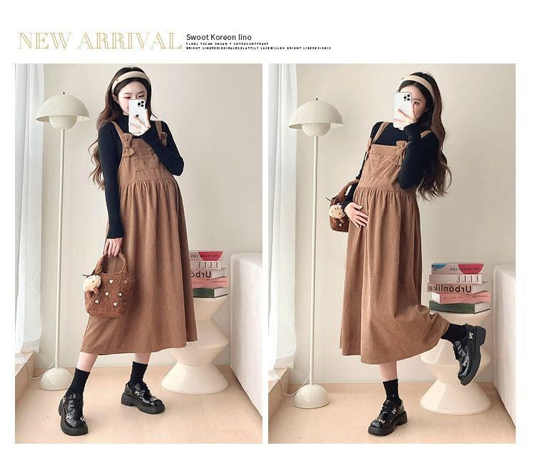 Maternity Long-Sleeve Mock Neck Plain Ribbed Knit Top / Bow Midi A-Line Jumper Dress / Set Product Image