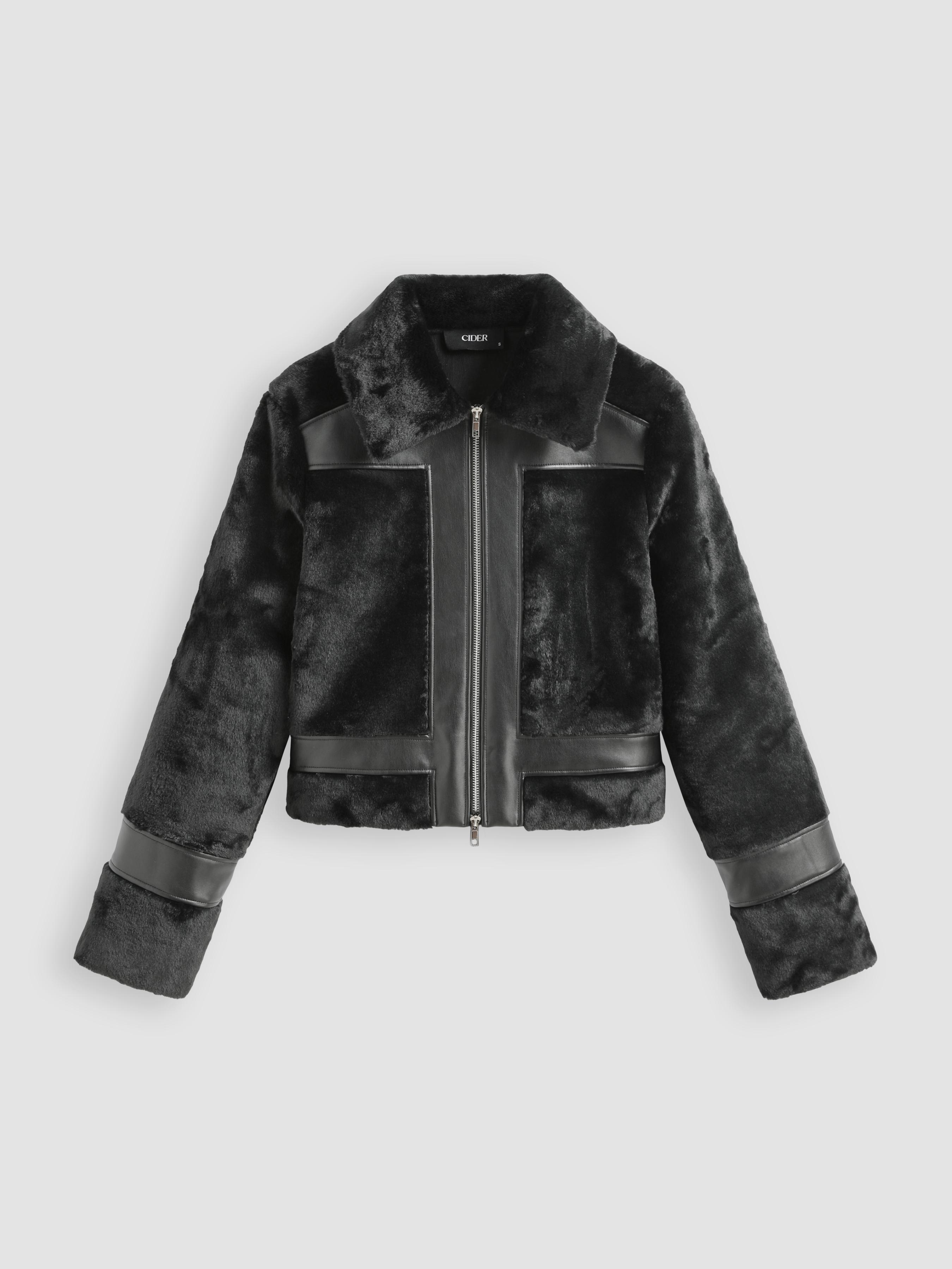 Faux Shearling & Leather Collar Solid Patched Jacket Product Image