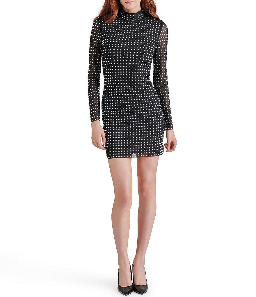 Steve Madden Krista Mesh Embellished Rhinestone Mock Neck Long Sleeve Mini Dress product image