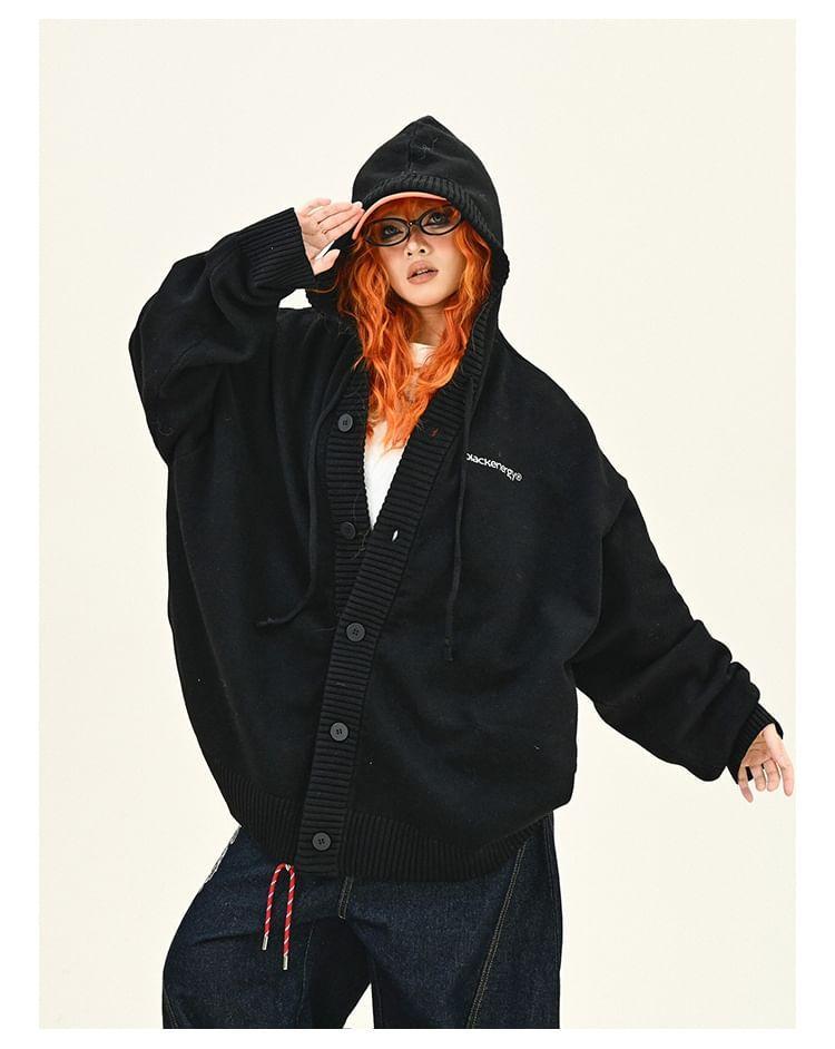 Drop Shoulder Hooded Lettering Button Up Oversized Cardigan Product Image