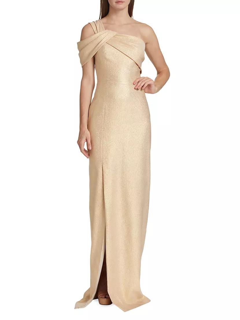 One-Shoulder Metallic-Jacquard Gown Product Image