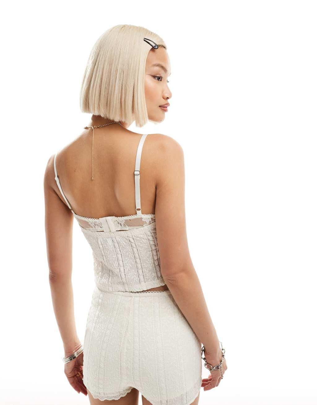 Emory Park pointelle cami crop top in off white with rose and lace detailing - part of a set Product Image