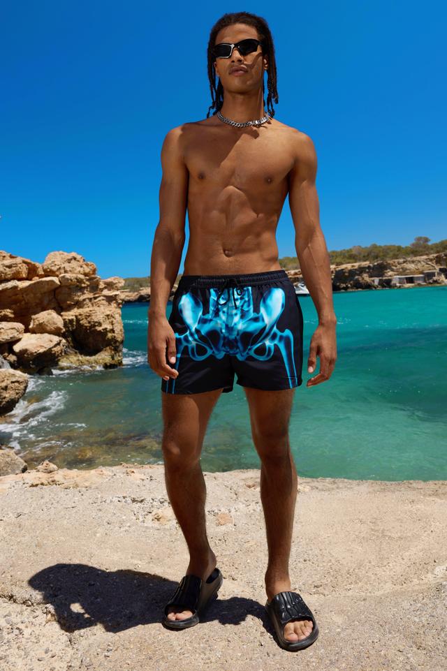 Mens Black Mid Length Skeleton Swim Short, Black Product Image