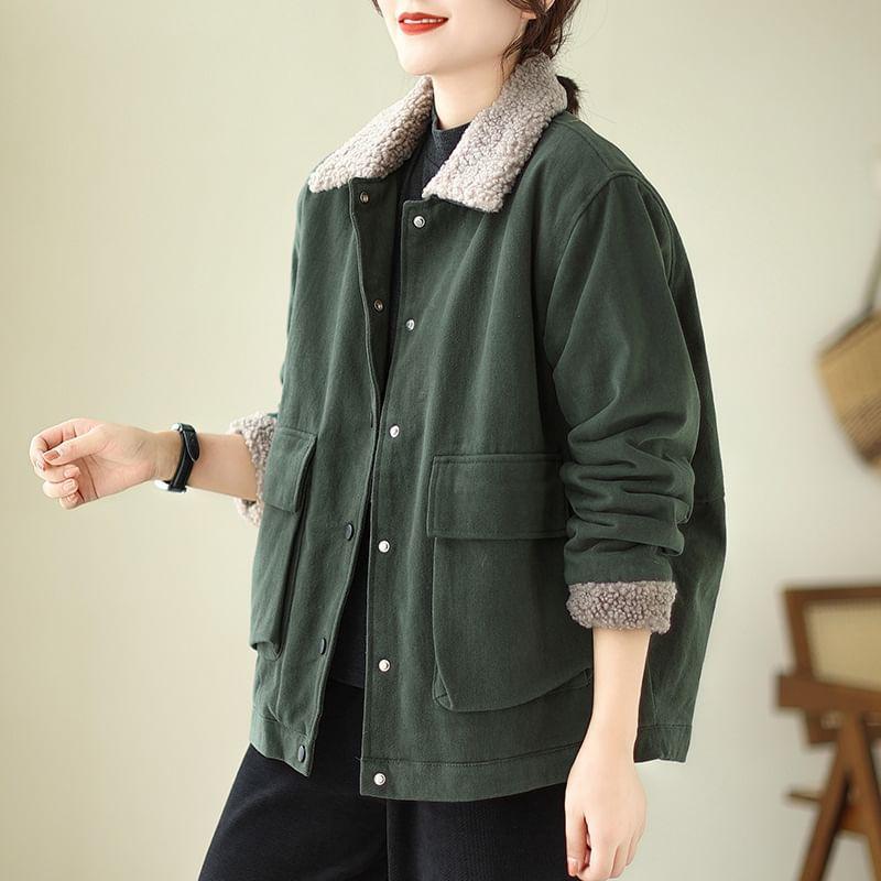 Collar Two Tone Fleece-Lined Button Jacket Product Image