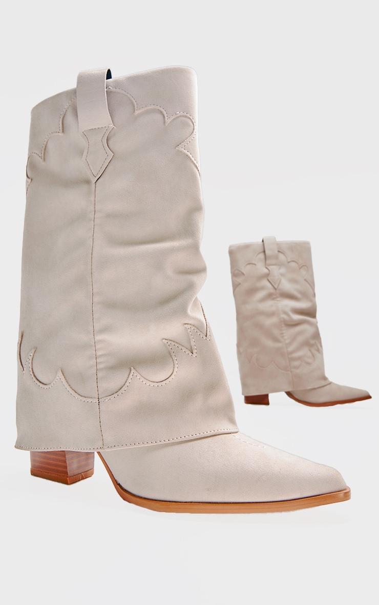 Camel Faux Suede Point Toe Block Heel Fold Over Western Boots Product Image