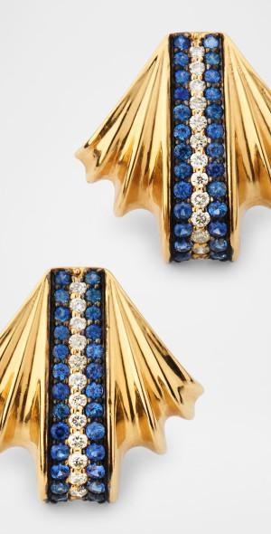 14K Yellow Gold Scallop Diamond and Blue Sapphire Earrings Product Image