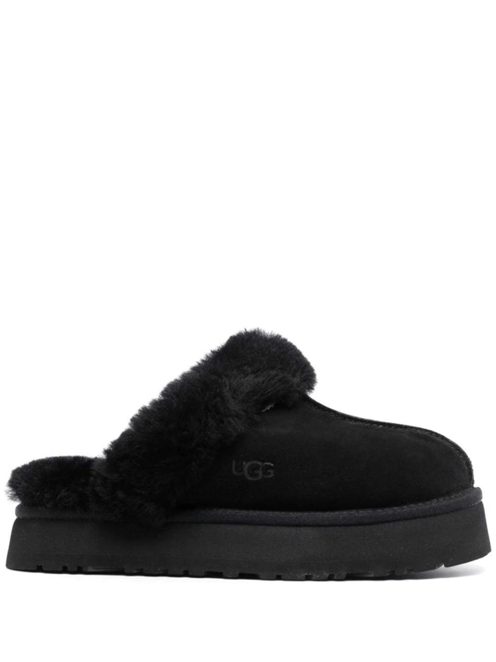 UGG Disquette Black Suede Flatform Slippers Product Image