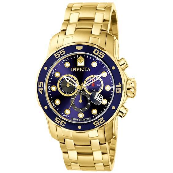 Men's Invicta Pro Diver Gold-Tone Chronograph Watch with Blue Dial (Model: 0073) Product Image