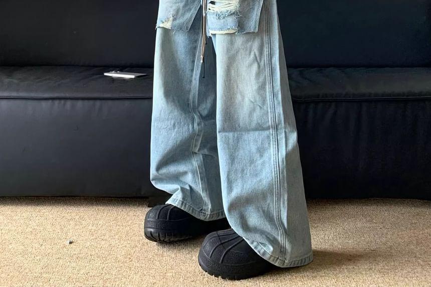 Low Rise Distressed Washed Wide Leg Jeans Product Image