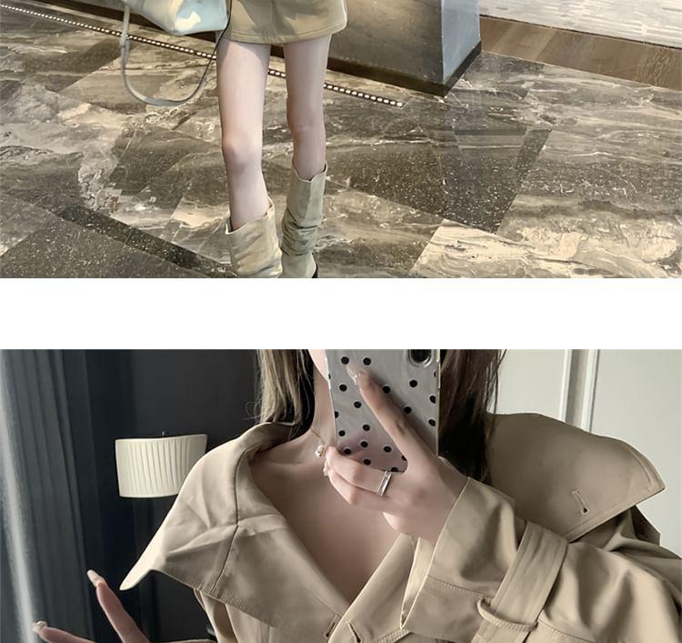 Collared Plain Double Breasted Belted Trench Jacket / High Waist Mini A-Line Skort Product Image