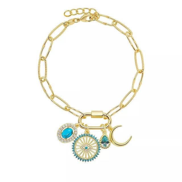 Brilliance 18k Gold Cubic Zirconia and Simulated Turquoise Round, Evil Eye Disc, Teardrop and Moon Charm Cluster Bracelet, Womens Gold Tone Blue Product Image