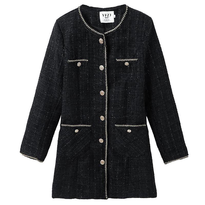 Round Neck Tweed Button Up Coat Product Image