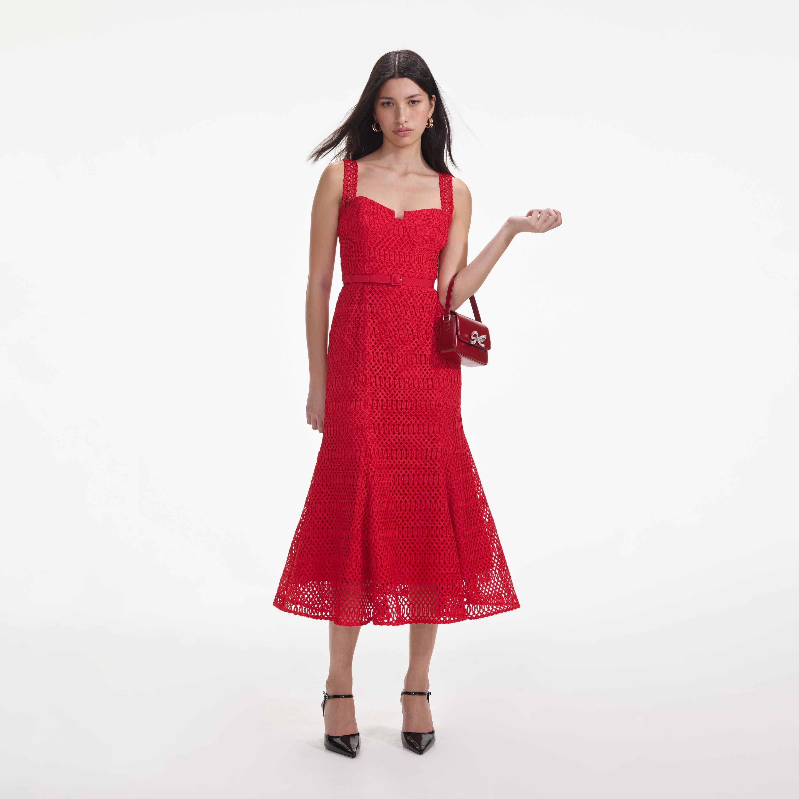 Red Lattice Lace Midi Dress Product Image