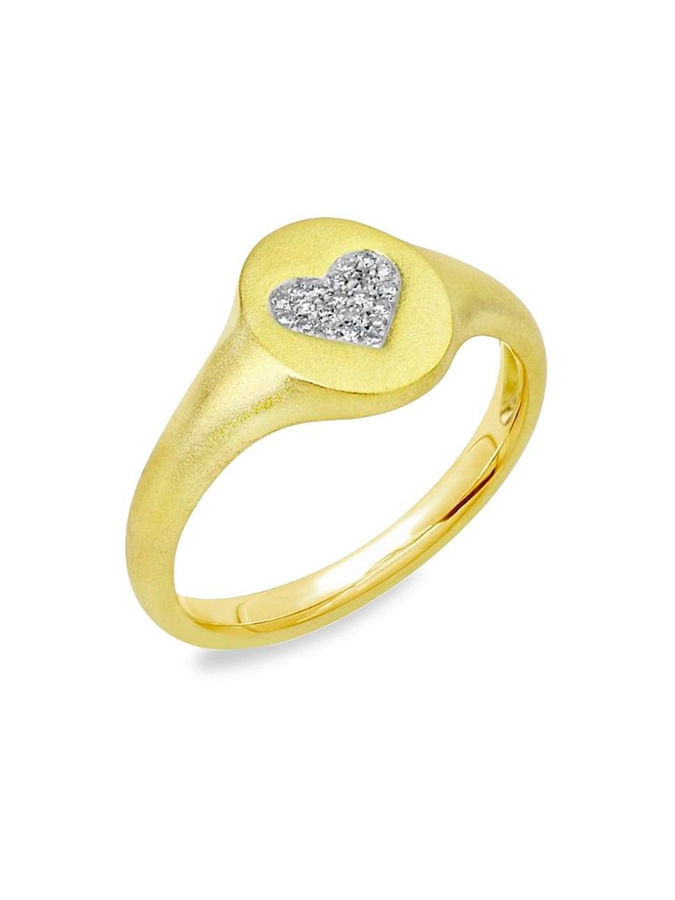 Womens 14K Gold & Diamond Heart Signet Ring Product Image