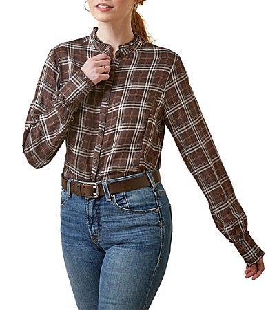 Ariat Clarion Silky Twill Plaid Long Sleeve Ruffle Trim Button Product Image