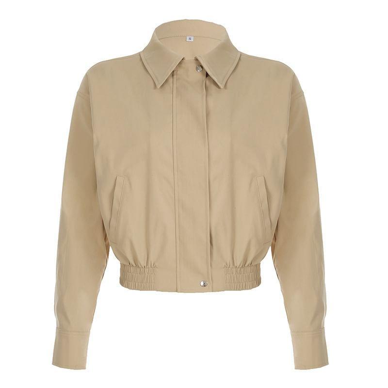 Collared Plain Zip Up Cropped Jacket Product Image