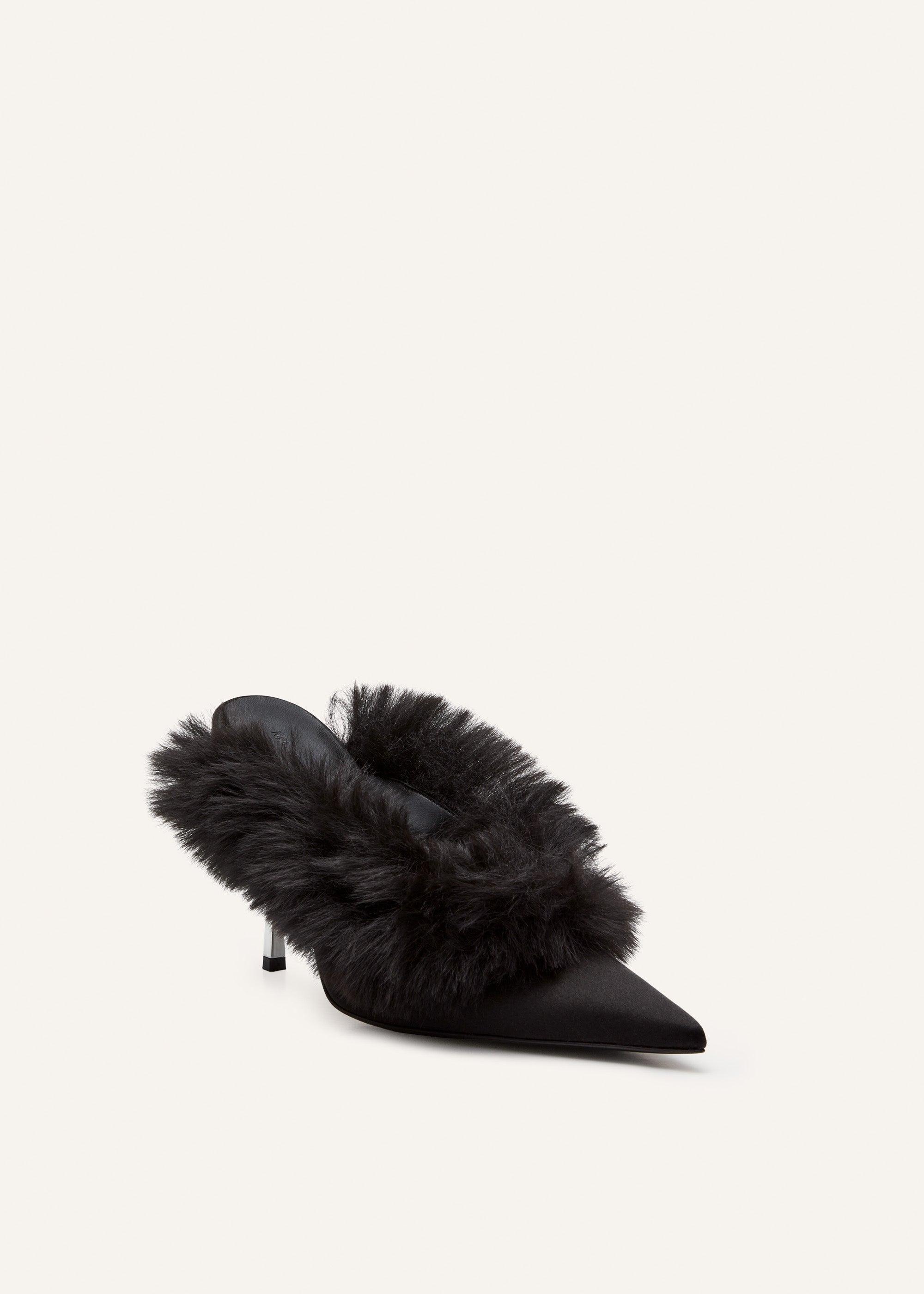 Pointed-toe faux-fur mules in black satin Product Image