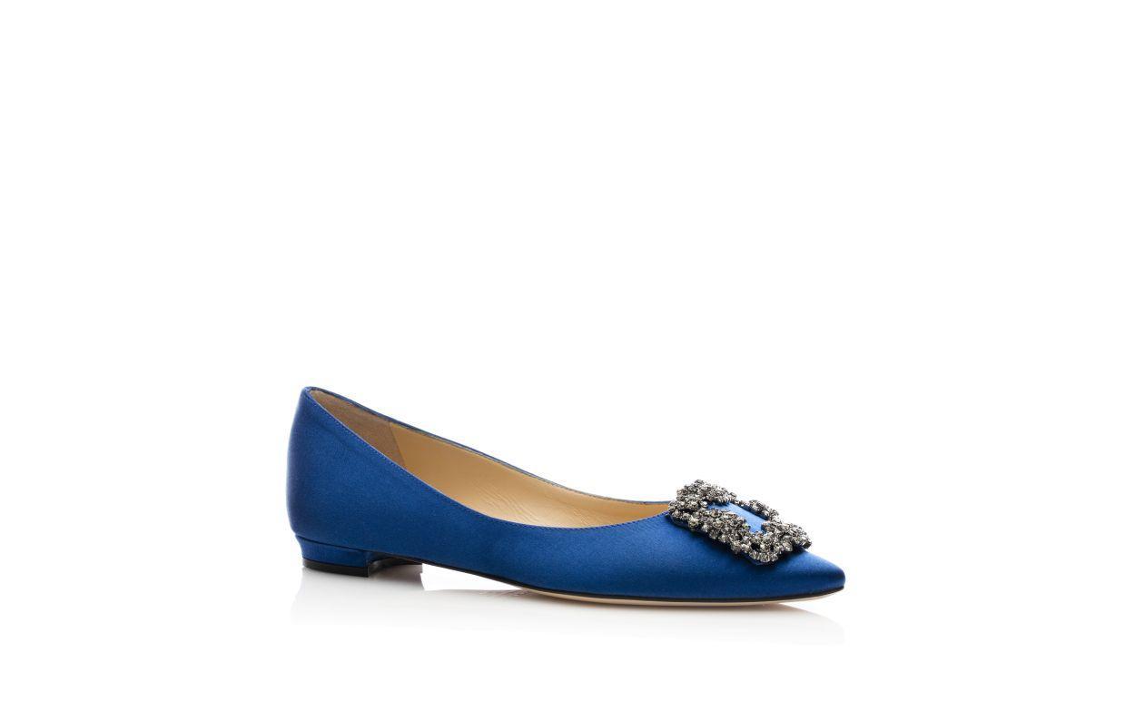 HANGISIFLAT Blue Satin Jewel Buckle Flat Pumps Product Image