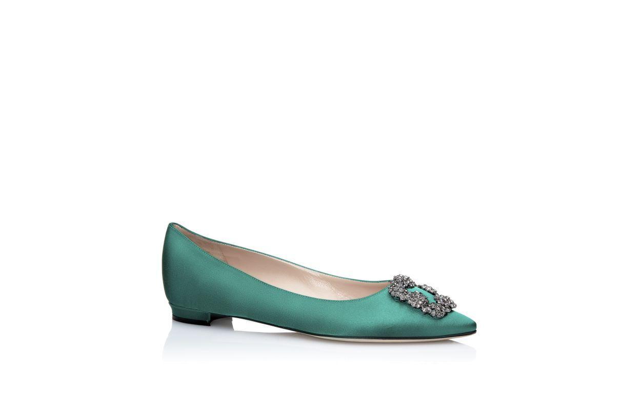 HANGISIFLAT Green Satin Jewel Buckle Flat Pumps Product Image