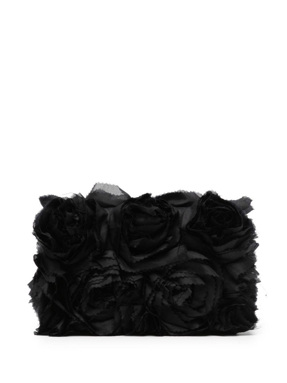 Ruffle-detail Floral-appliqué Clutch Bag In Black Product Image