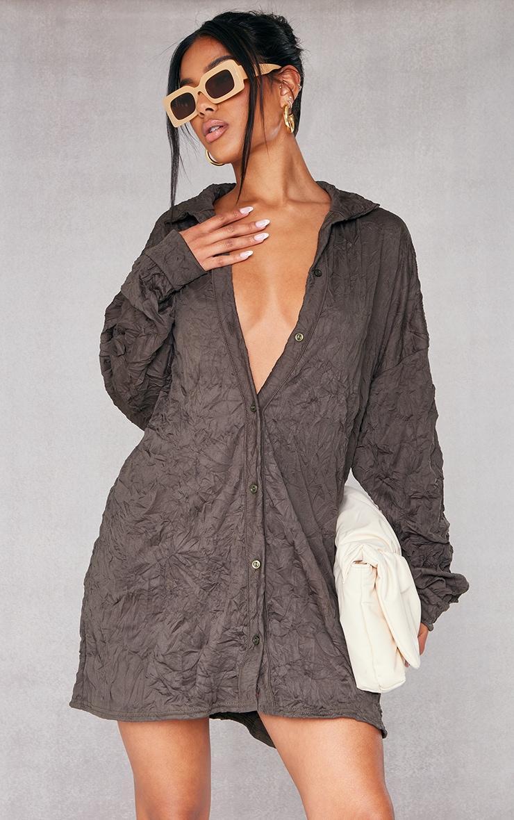 Khaki Crushed Plisse Oversized Shirt Dress Product Image