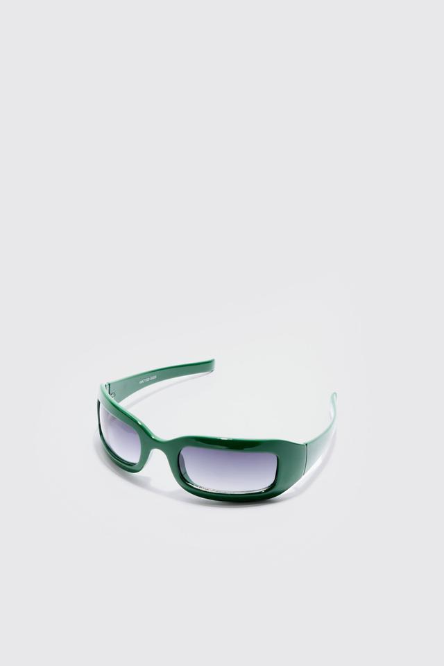 Chunky Wrap Around Rectangle Sunglasses In Green | boohooMAN USA Product Image