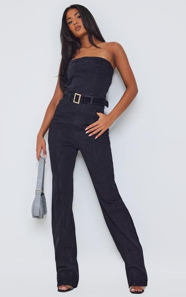 Tall Black Bandeau Denim Straight Leg Jumpsuit Product Image