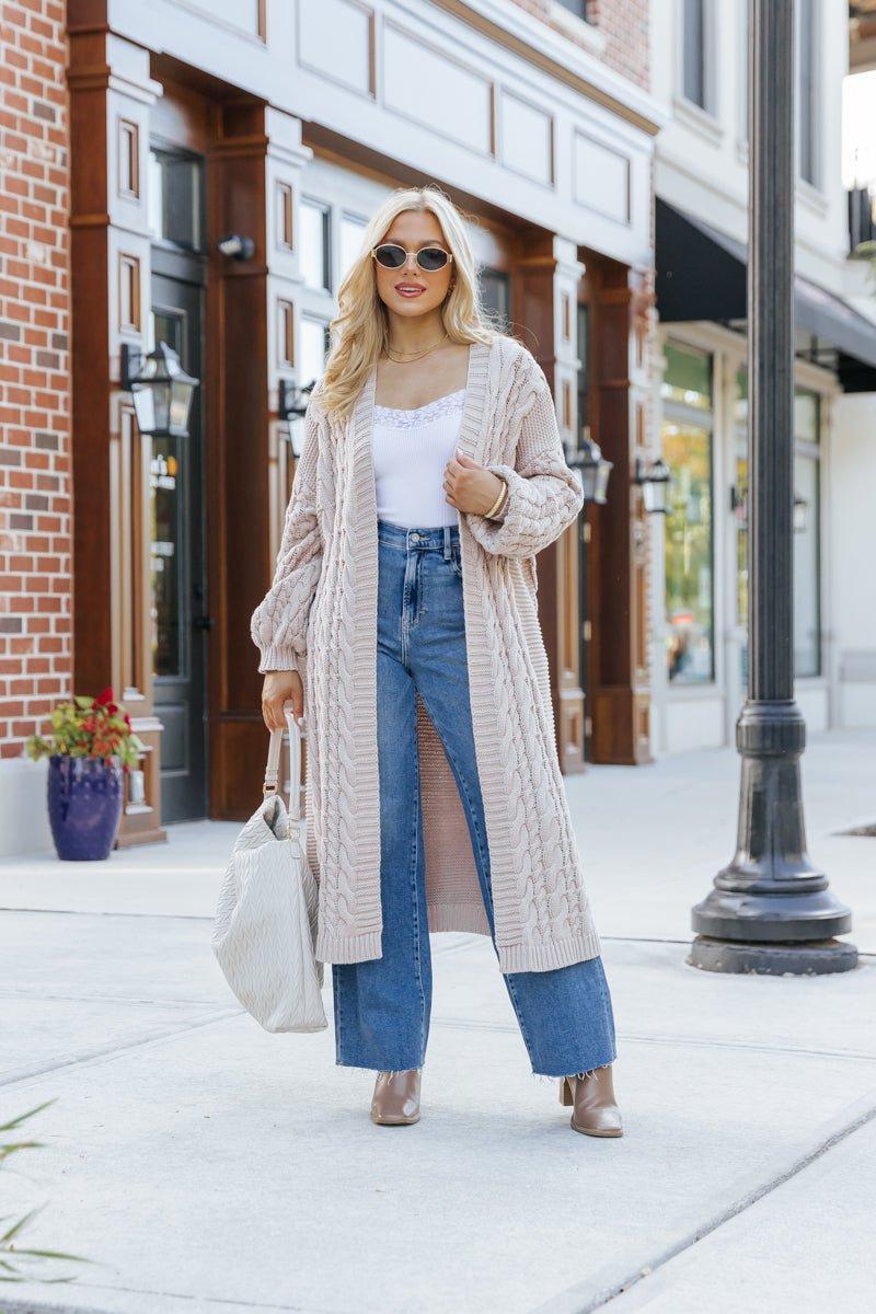 Chunky Cable Knit Duster Cardigan - Light Beige Female Product Image