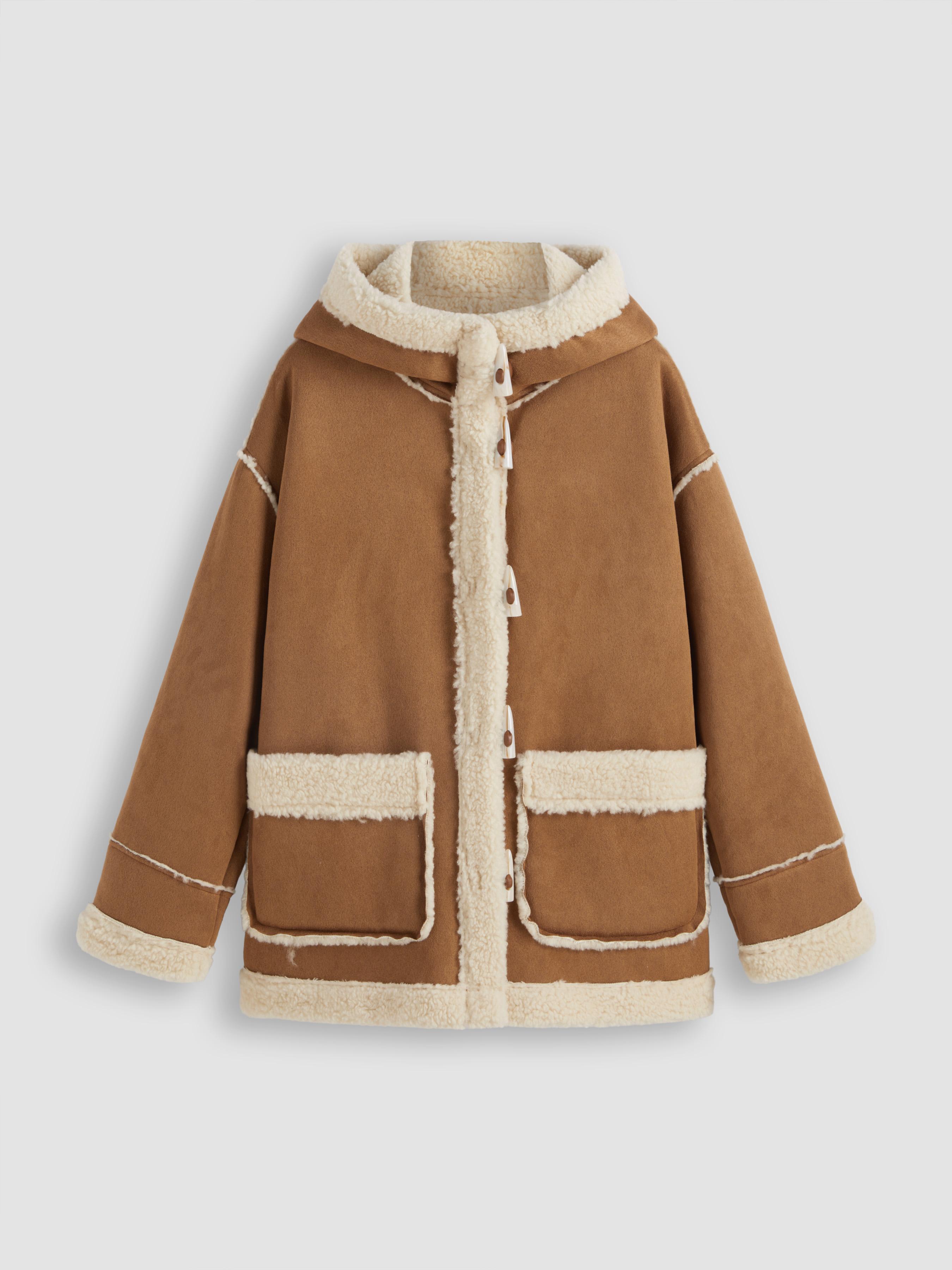 Faux Shearling Hooded Pocket Duffle Jacket Product Image