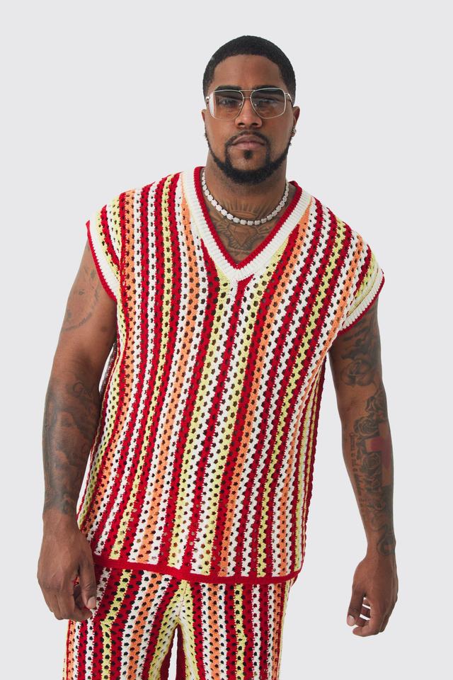 Mens Red Plus Oversized Open Stitch Crochet Knitted vest, Red Product Image