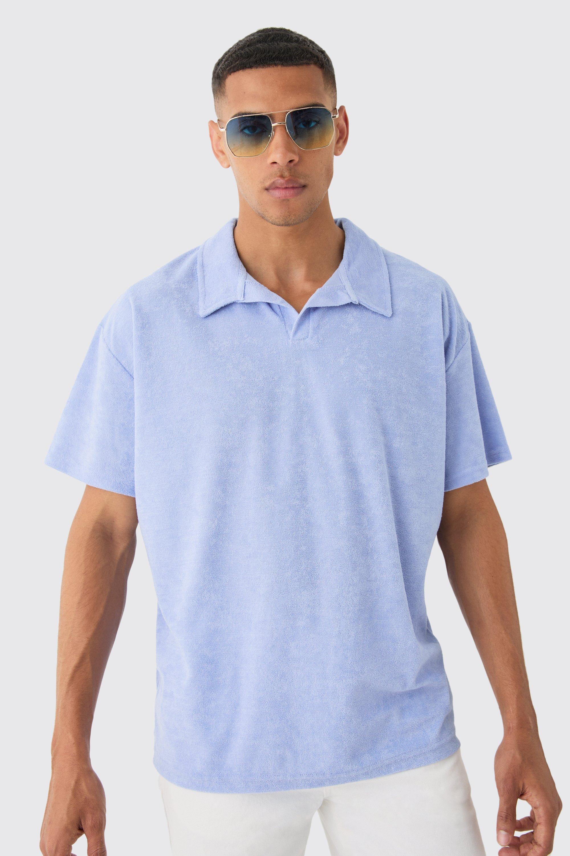 Mens Blue Oversized Revere Towelling Polo, Blue Product Image