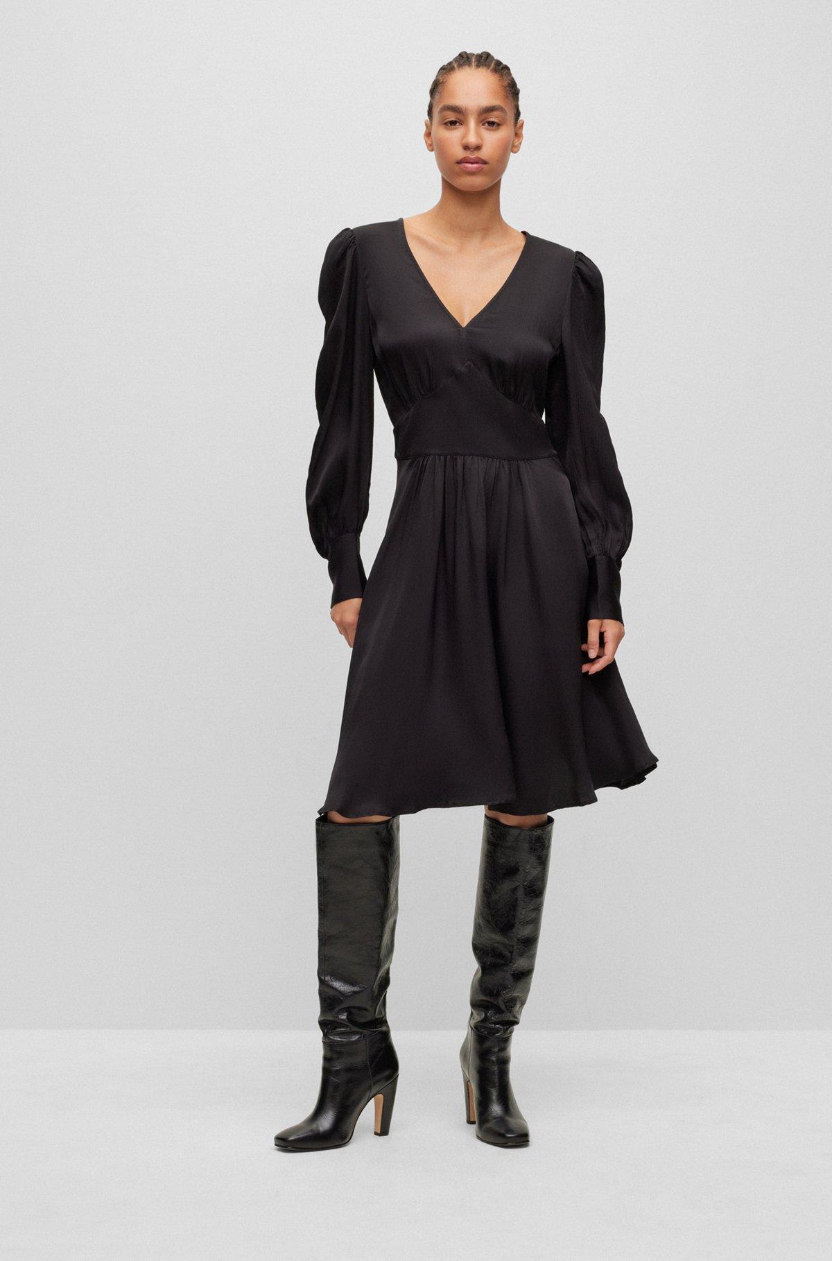 Long-sleeved dress in hammered satin with V neckline Product Image