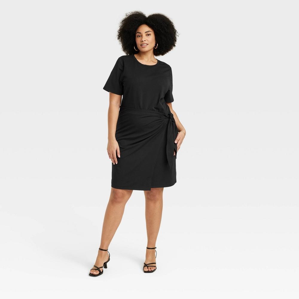 Womens Short Sleeve Mini T-Shirt Wrap Dress - A New Day Black 1X Product Image